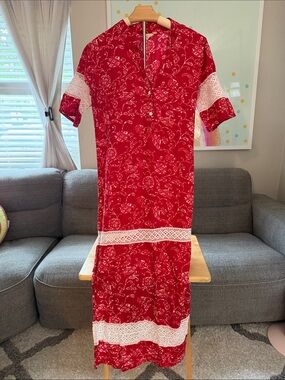 Women's Red Lace-Trim Midi Dress